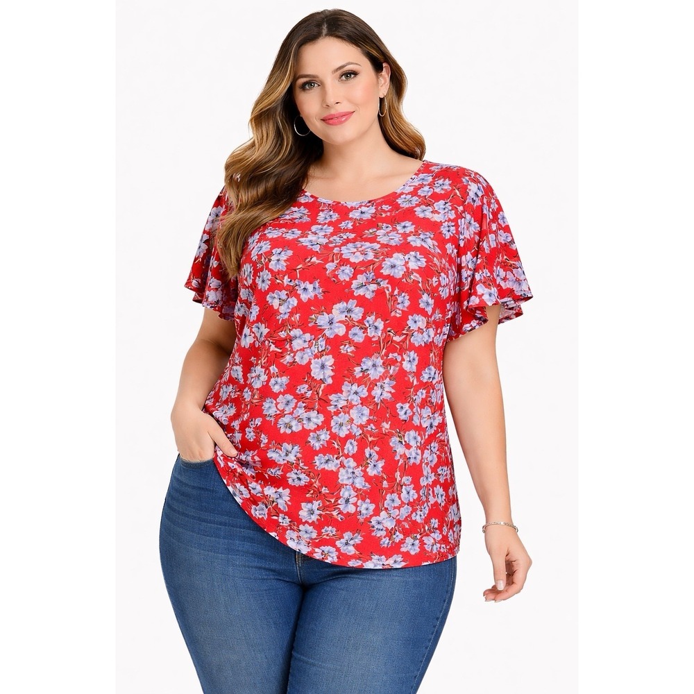 Tahari Women's 1X Red Floral Flutter Sleeve Blouse Stretch Casual Top Plus